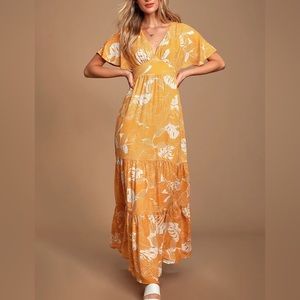 Lulu’s Savanna Golden Yellow Floral Print Maxi Dress